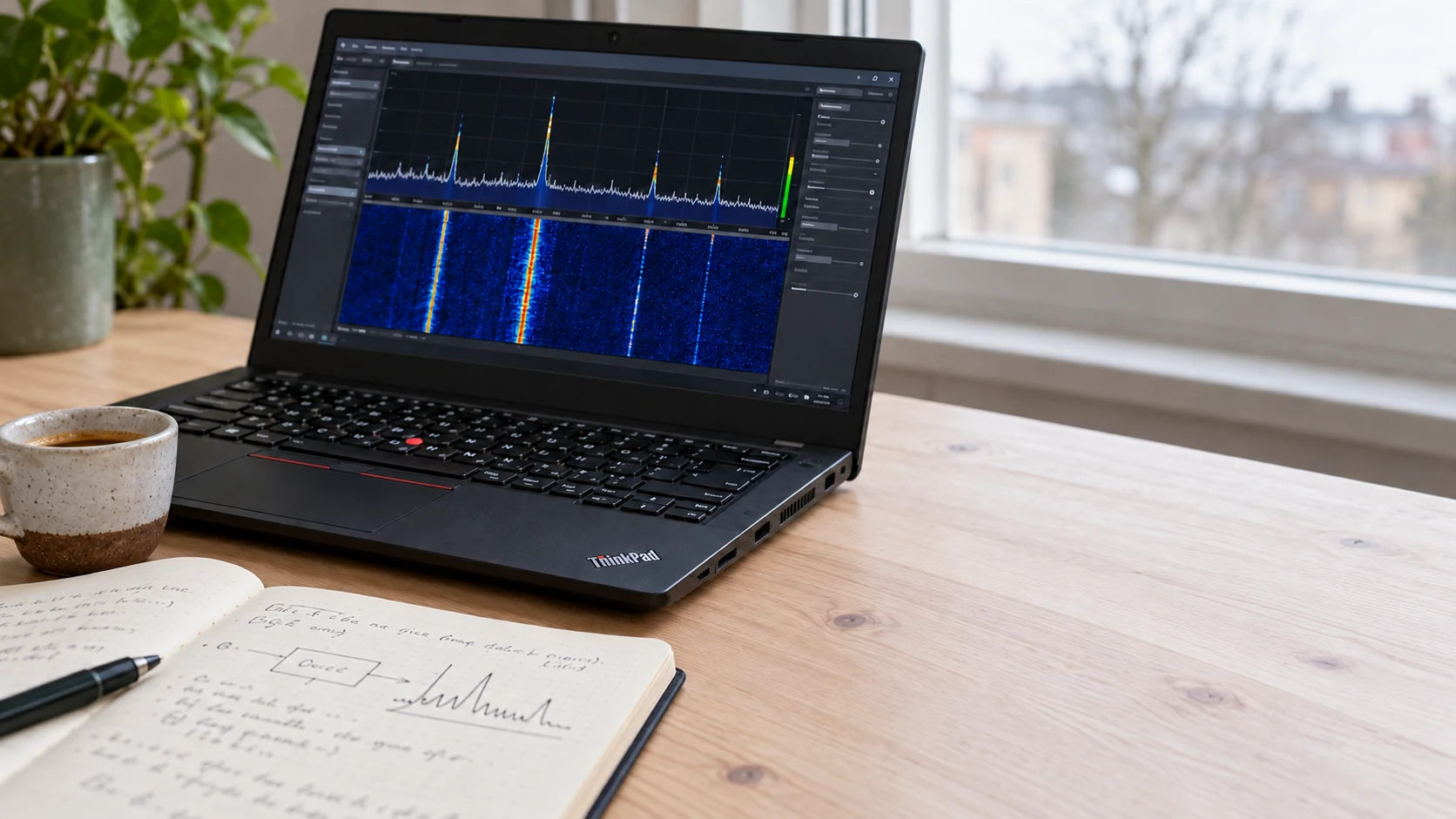 ThinkPad med spektrumvisning på et skrivebord ved siden af en espresso og en notesbog